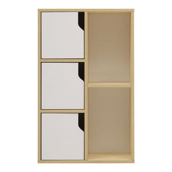 Wooden storage cabinet with three white panel doors and two interior open shelves