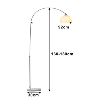 Adjustable arch LED floor lamp, white shade; height 130–180 cm, 92 cm arc