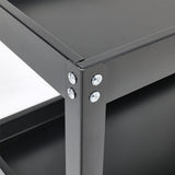 Close-up of 3-tier cart corner joints and riveted metal frame construction