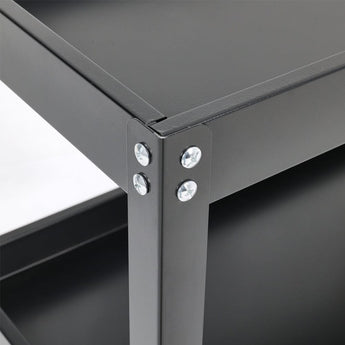 Close-up of 3-tier cart corner joints and riveted metal frame construction