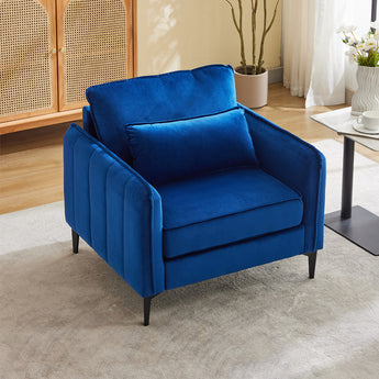 Blue single armchair sofa in angled view with rounded arms and deep seat