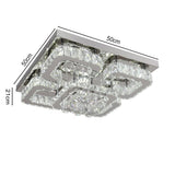 Square crystal LED ceiling lamp with silver frame and faceted glass panels.