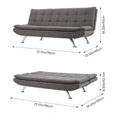 Sofa bed size diagram with dark grey linen upholstery and chrome legs