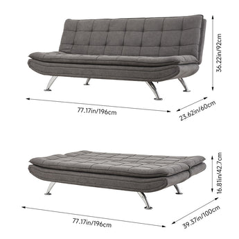Sofa bed size diagram with dark grey linen upholstery and chrome legs