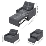 Dark grey sofa bed chair with labeled dimensions in inches and centimeters