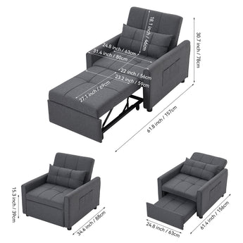 Dark grey sofa bed chair with labeled dimensions in inches and centimeters