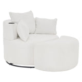 White corduroy swivel accent chair with cushions, cup holder arm, and rounded footstool