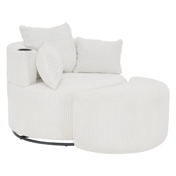 White corduroy swivel accent chair with cushions, cup holder arm, and rounded footstool