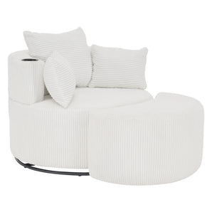 White corduroy swivel accent chair with cushions, cup holder arm, and rounded footstool