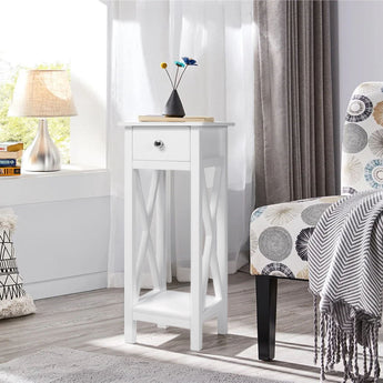White wooden slim side table with drawer and lower shelf