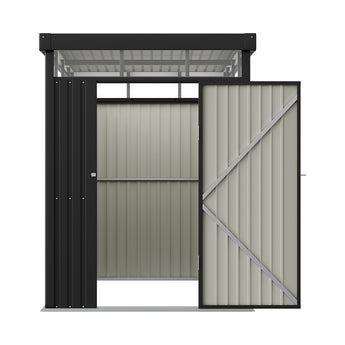 Open-front metal storage shed with flat roof, dark frame and light gray wall panels, hinged doors