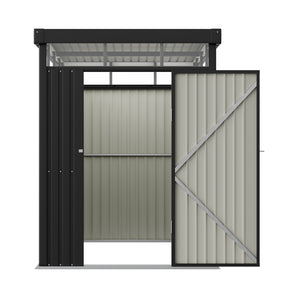 Open-front metal storage shed with flat roof, dark frame and light gray wall panels, hinged doors