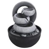 Resin tabletop fountain with swirling gray stone accents and round black basin base
