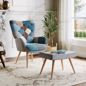 Wingback armchair with matching footstool, blue/gray color-block diamond fabric