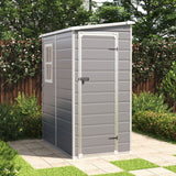 Gray plastic garden storage shed with open side door and window, pent roof