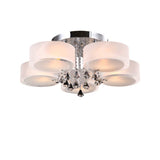 Round flush ceiling light with frosted acrylic shades and chrome ring with crystal drops