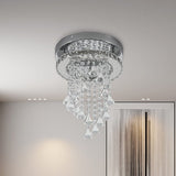 Modern crystal ceiling light with chrome rim and cascading clear droplet prisms