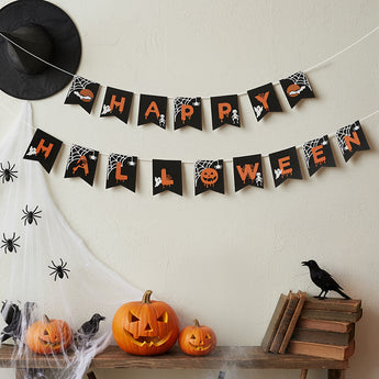 Halloween pennant banner garland spelling HAPPY on black triangles with orange icons