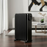 Black 11-fin oil-filled radiator with round dial control, standing on four feet