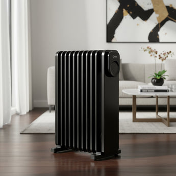 Black 11-fin oil-filled radiator with round dial control, standing on four feet