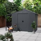 Metal garden storage shed with single front door, grey corrugated siding, and two roof vents