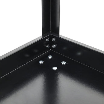 Inside base of tool cart showing corner bolts and smooth black shelf surface