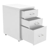 White rolling office file cabinet with drawers pulled out, metal drawer handles