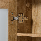Wall cabinet mirror door hinge hardware on wood grain frame with shelf openings