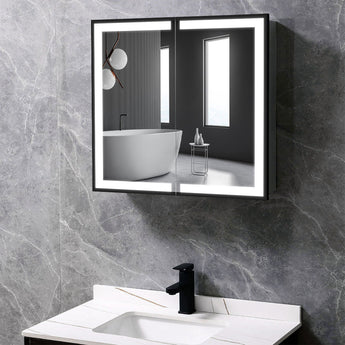 Wall-mounted LED mirror cabinet with open doors above a white bathroom vanity