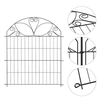 Decorative metal garden fence panel with arched top and scrollwork, vertical grid bars