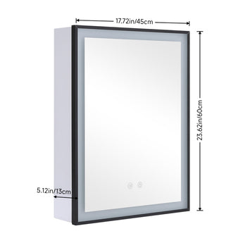 Anti-fog LED mirror cabinet with black frame and touch controls, front view