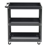 3-tier tool cart in black with open shelving and four caster wheels