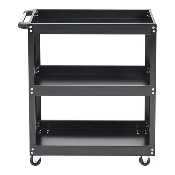 3-tier tool cart in black with open shelving and four caster wheels