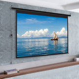 Motorized projector screen with black frame, wall-mounted roller housing