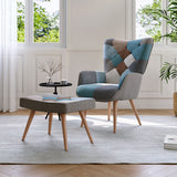 Wingback armchair with footstool, gray frame and blue/beige/brown diamond color-block cushions