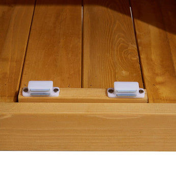 Wood storage shed door latch detail on double doors