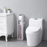 White toilet roll cabinet with open shelves and roll holder next to toilet