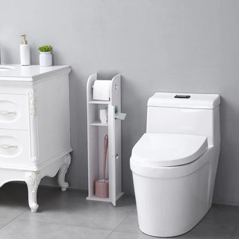 White toilet roll cabinet with open shelves and roll holder next to toilet