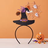 Halloween 22 black glitter witch cat headband with purple details and raised hand