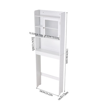 White bathroom storage cabinet for over the toilet with open shelves and hinged door