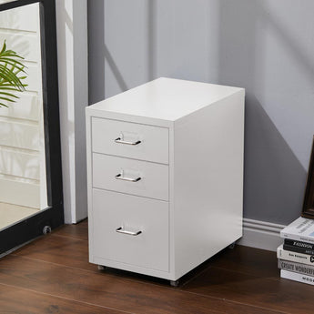 White rolling file cabinet with 3 drawers, caster wheels, front view