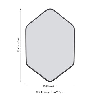 Hexagon-shaped bathroom mirror with black aluminum frame and clear reflective glass