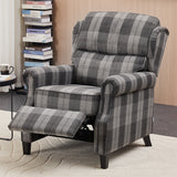 Grey plaid recliner chair with extended footrest and thick cushioned seat.
