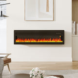 Black electric fireplace insert with tempered glass and LED flames