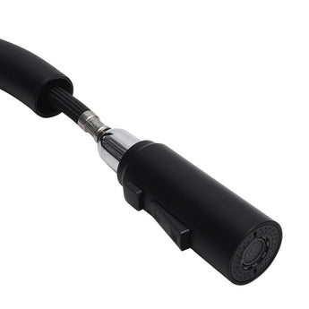 Black pull-down spray head with stainless insert and round nozzle holes