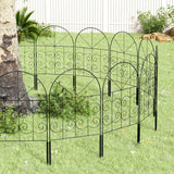 Black metal garden border fence set of arched panels with scrollwork and ground stakes