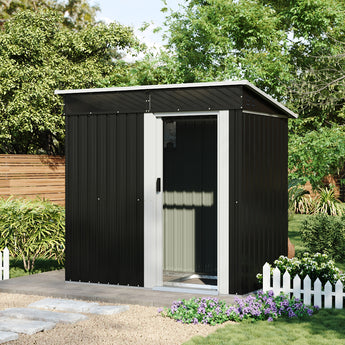 Anthracite metal garden shed with sliding door partly open, white door panel
