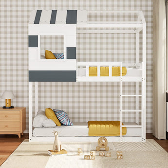 White twin bunk bed with house-style frame, dark panels, slatted boards and guardrails