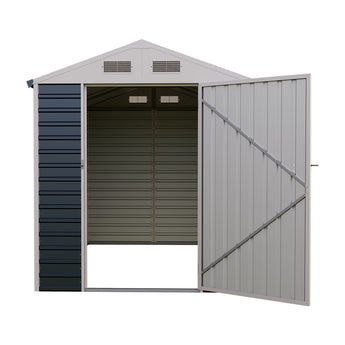 Apex roof metal garden shed with double doors, dark gray siding and white door panels