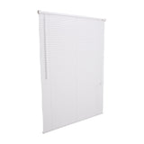 White PVC window blind with horizontal slats, front view